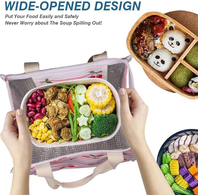 iknoe Insulated Lunch Bag for Women & Adults, 9L Foldable Wide-Open Cooler Bag with Pockets, Leakproof & Portable, for Picnic, Office, Beach(Cherry)