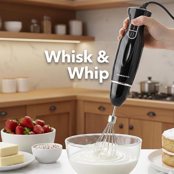 OVENTE Immersion Hand Blender Set, 300W Electric Handheld Stick Mixer, 2 Mixing Speeds with Stainless Steel Blades, Egg Whisk, Beaker & BPA-Free Food Chopper, Black HS565B