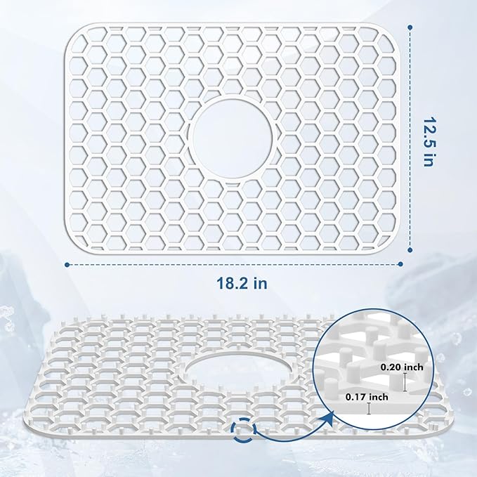 Bestjing Silicone Sink Protectors for Kitchen Sink with Center Drain - 18.2"x12.5" Kitchen Protector Accessory, Non-Slip Heat Resistant Mat for Bottom of Porcelain Stainless Steel (White)