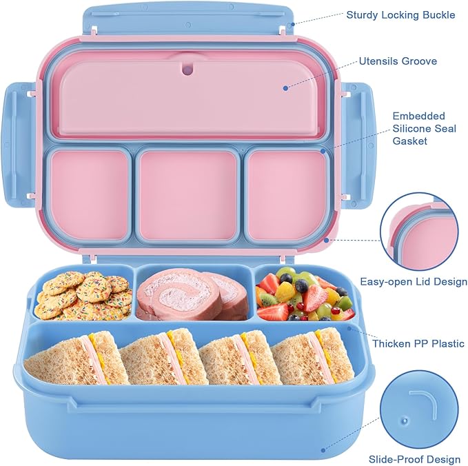 shell and turtle Bento Box Adult Lunch Box, Lunch Containers for Kids Girls Boys with 4 Compartments, Lunchable Food Container with Utensils, Sauce Jar, Muffin Liners, 40 Oz/5 Cup, Blue Pink