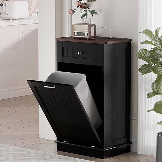 Betterhood Double Tilt Out Trash Cabinet with Power Outlet, 10 Gallon Trash Cabinet with Storage,Pet Proof Trash Can with 2 AC & USB Sockets for Kitchen,Living Room (Black, Single Door)