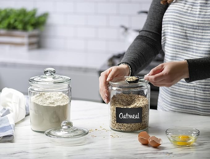 Le'raze Glass Canister Set for Kitchen Counter + Labels & Marker - Set of 2 - Glass Cookie Jars with Airtight Lids - Food Storage Containers with Lids Airtight for Pantry - Flour, Sugar, Coffee, etc.
