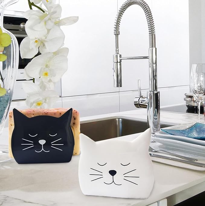 Sponge Holder for Countertop 2PCS Ceramic Sponge Caddy Cat Shape Cute Scrub Brush Dish Wand Holder for Kitchen Sink Decor Cute Kitchen Storage Accessories Ideal Gifts for Women(Black White)