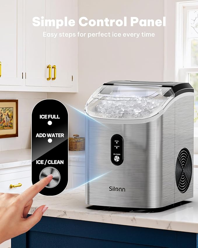 Nugget Ice Maker Countertop, Silonn Chewable Pellet Ice Machine with Self-Cleanin Function, 33lbs/24H Portable Ice Makers for Home Kitchen Officce, Stainless Steel