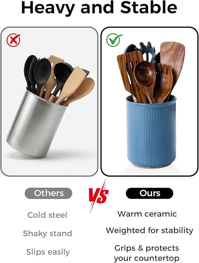 LoeJan Utensil Holder, Extra Large Utensil Crock, Stable Ceramic Utensil Organizer, Cooking Tool Organizer Set for Kitchen Counter Farmhouse Décor, Blue