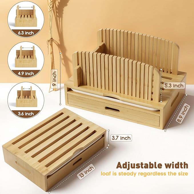 Bamboo Bread Slicer for Homemade Bread Adjustable Width Slicing Guides, Compact Loaf Cutter for Perfect Slices