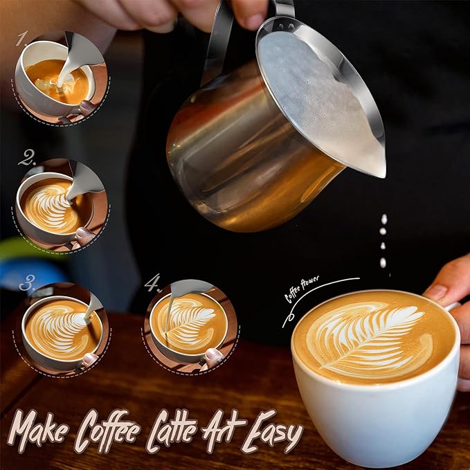 Potchen 6 Pack Stainless Steel Bell Creamers 3 Ounce Creamer Pitcher Mini Coffee Milk Pitchers with Handle and Pouring Spout Cups for Serving Espresso, Tea, Milk, Maple Syrup, Sauce