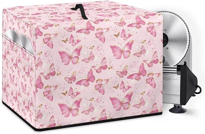 Pink Gold Butterfly Print Meat Slicer Dust Cover, (Only Cover)16x13x13 Inch Food Slicer Cover, Compatible with Cheese Bread Meat Slicer and Most Other Model, Dust-Proof, Waterproof