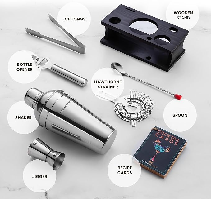 Modern Mixology Cocktail Shaker Set - Bartender Kit with Pine Stand | Leak-Proof Design | Includes Martini Shaker, Jigger, Strainer, Spoon, Tongs | Perfect Bar Tools Gift for Home Mixology (Silver)