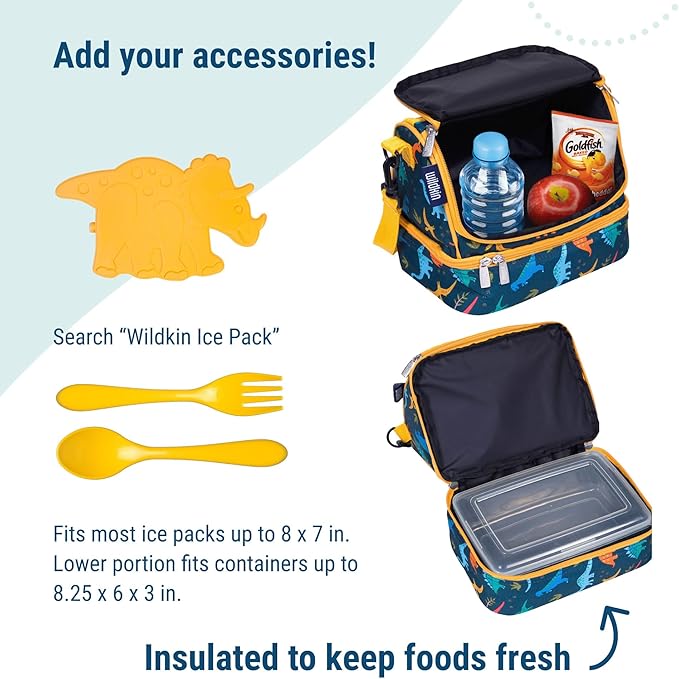 Wildkin Kids Two Compartment Insulated Lunch Bag – Keeps Food Hot or Cold, Easy-Clean Lining, Leak-Resistant & BPA-Free – Boys & Girls, Ideal for School, Travel & Daycare – Jurassic Dinosaurs