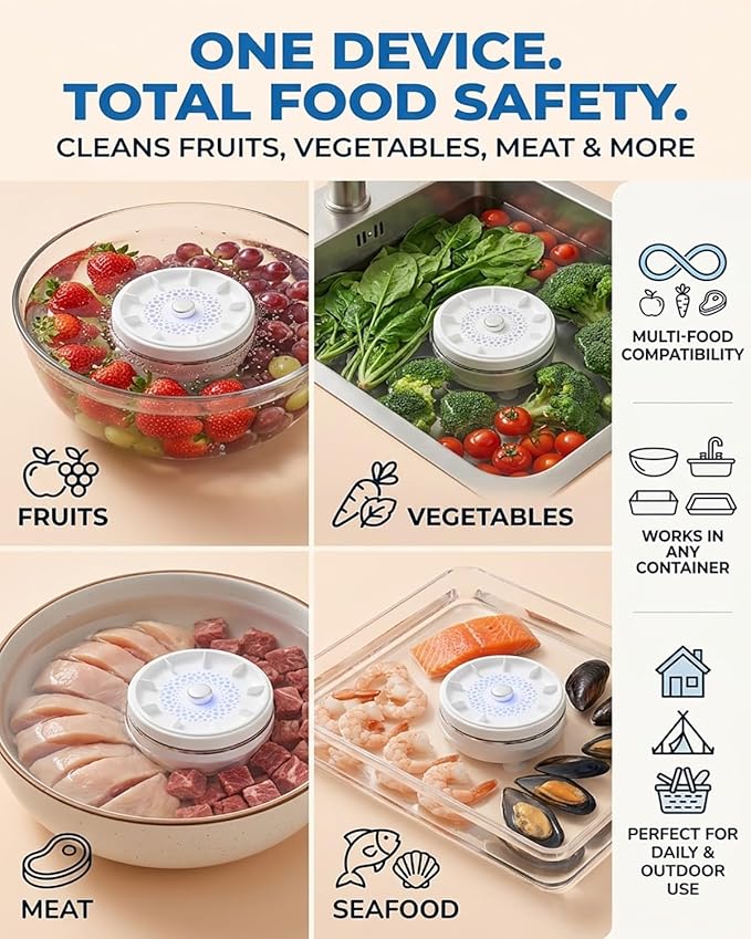 Ultrasonic Fruit and Vegetable Produce Cleaner Device Washing Machine Portable Wireless Waterproof Veggies Wash Cleaning Purifier with Titanium Electrolysis Purification for Home Kitchen(1PC)