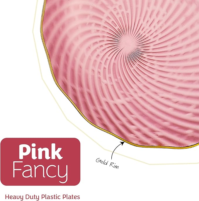 PLASTICPRO 60 Pack Plastic Plates Set of 30-10 inch Plates and 30-7 inch Plate, Elegant Clear Pink Spiral and Gold Rim Disposable Fancy Dishes Heavyweight