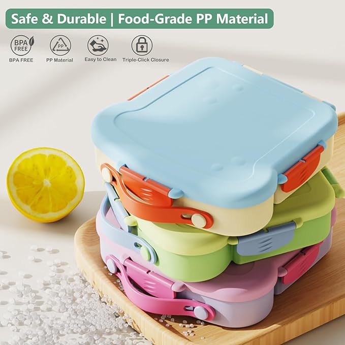 Bento Lunch Box for Kids - Toast-Shaped 4-Compartment Lunchable Food Container with Sauce Cup, Utensils & Brush, BPA-Free, Reusable Snack Container with lid, Ideal for School & Travel - Purple