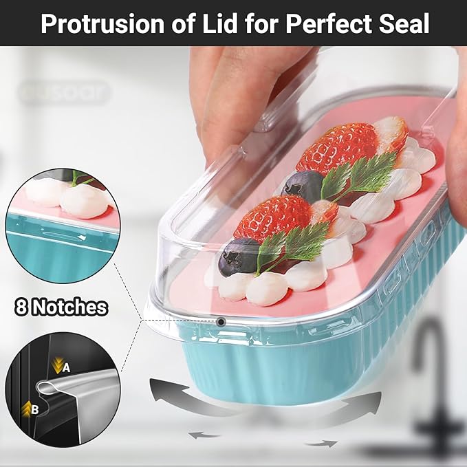 EUSOAR Disposable Ramekins with Lids, 100pcs 6.8oz 6.5"x2.5"x1.2" Blue Aluminum Foil Tin Baking Cups, Cupcake Dessert Cups Cheesecake Creme Brulee Mini Loaf Pans for Picnic Wedding Party Gathering