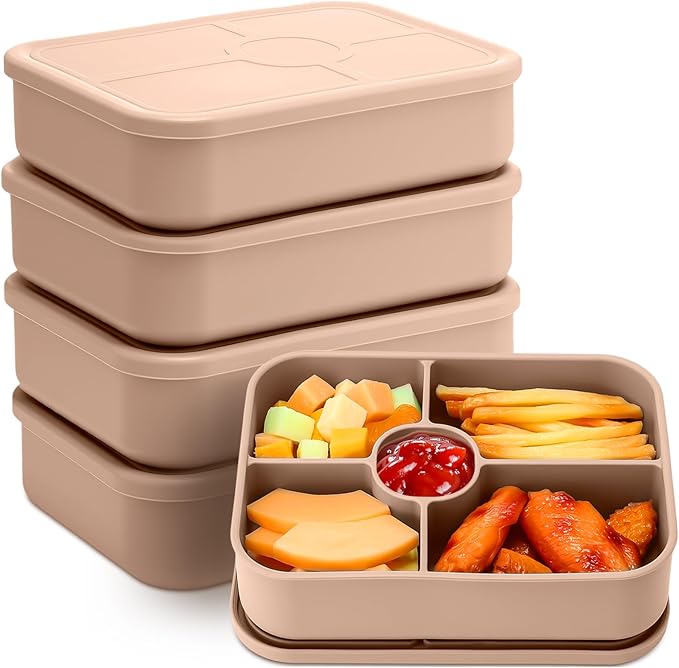 Jingmore 4 Pack Silicone Bento Boxes for Adults, 5 Compartment Reusable Lunch Containers with Sauce Section, Leakproof Meal Prep Snack Box Microwave & Dishwasher Safe for Office(Khaki)