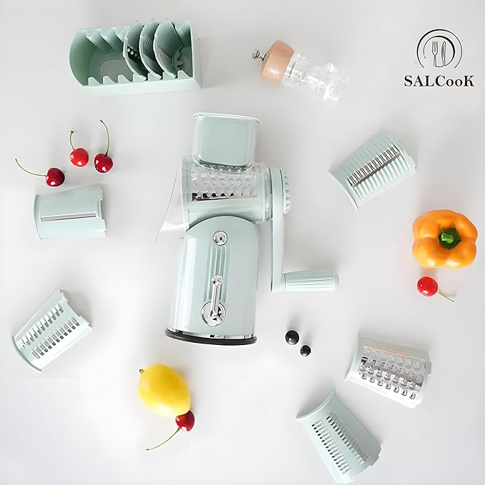 5-in-1 Manual Rotary Cheese Grater with Handle – Stainless Steel Blades for Slicing, Shredding, Grinding & Wavy Cuts – Strong Suction Base, Blade Storage Box – Green