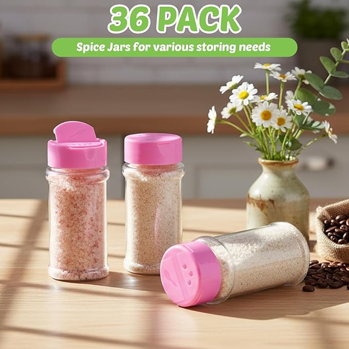 Jadive 36 Pcs 5.5 oz Plastic Spice Jars with Shaker Lids Clear Spice Bottles Plastic Seasoning Containers Empty Shaker for Kitchen Storing Herbs Seasoning Powders Pepper Dry Goods (Pink)