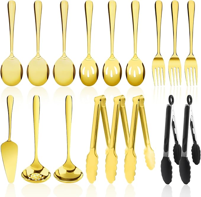 17PCS Serving Utensils Set Flatware, Stainless Steel Serveware Large Serving Spoons, Slotted Spoons, Forks, Tongs, Cake Server,Soup and Skimmer Spoon for Buffet, Catering, Party, Dinner (Gold)