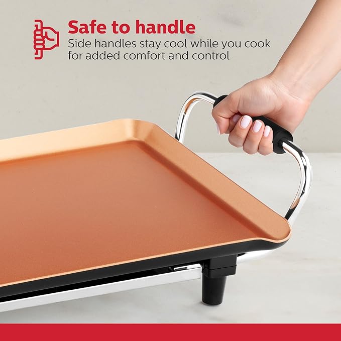 Holstein Housewares 16-Inch Electric Griddle, Healthy-Eco Non-stick Coating and Smokeless, Large Cooking Surface for Making Eggs, Chicken Chops and Ham, Multifunctional, Copper and Black Color