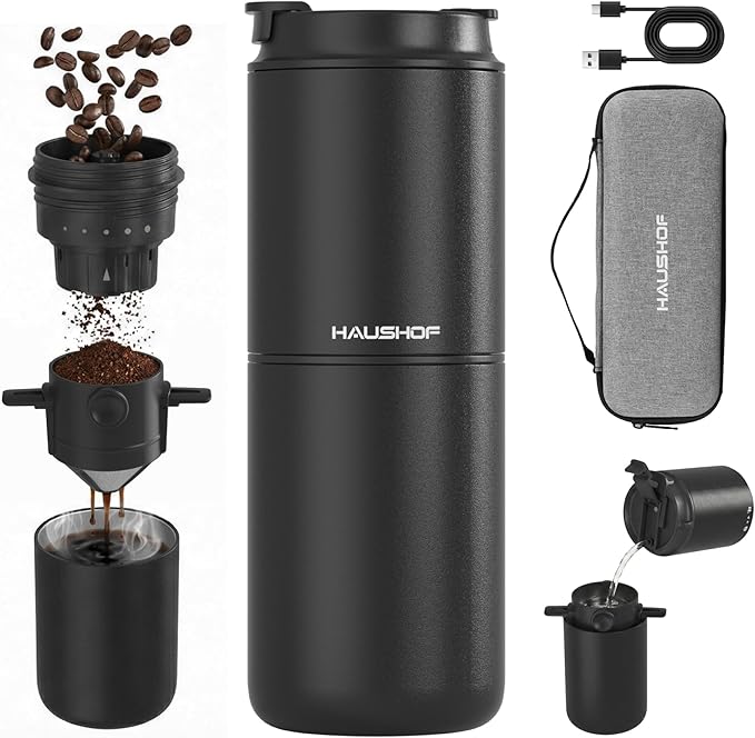 HAUSHOF Portable Coffee Maker, Travel Coffee Maker Battery Operated Small Pour Over Set, Compact Coffee Maker with Electric Grinder & Insulated Mug for Travel, Camping, Car