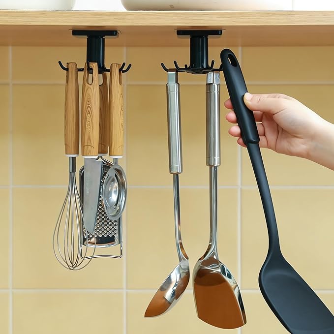 360° Rotating Kitchen Hooks, Adhesive Utensil Organizer Rack with 6 Hooks - No Drill Cabinet Mount for Spoons, Towels & Cups (1pcs)