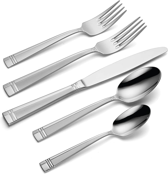 Oneida Silverware Set, Amsterdam 45-Piece Everyday Flatware Set, Service For 8, 18/0 Stainless Steel, Rust Resistant, Dishwasher Safe, Knives Spoons And Forks Set, Home And Kitchen (Silver, 45 Piece)