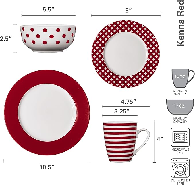 Pfaltzgraff Kenna Red 16-Piece Porcelain Dinnerware Set, Service for 4
