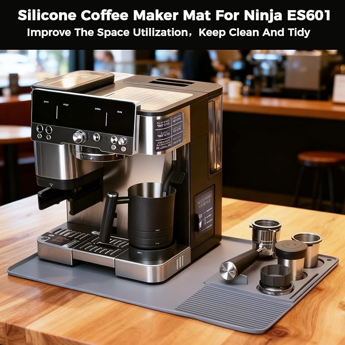 Silicone Coffee Mat for Ninja Luxe Espresso Machine ES601 – Large Anti-Slip Heat-Resistant Coffee Bar Mat for Ninja luxe Cafe Accessories and Most Home Espresso Machines with Convex Edge Gray