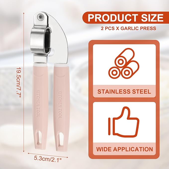uxcell 2pcs Garlic Press, 7.7 Inch Stainless Steel Garlic Crusher and Peeler for Home Cooks and Professional Chefs, Pink
