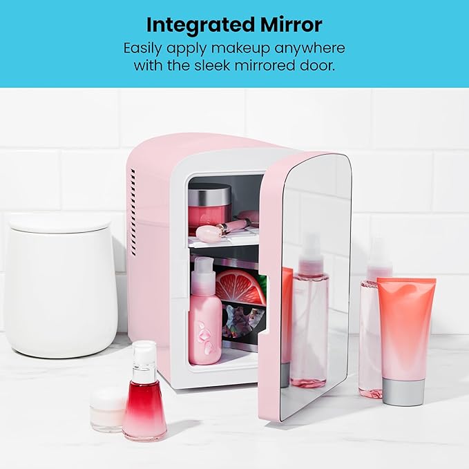 Chefman - Iceman Portable Mirrored Personal Fridge 4L Mini Refrigerator, Skin Care, Makeup Storage, Beauty, Serums & Face Masks, Small For Desktop Or Travel, Cool & Heat, Cosmetic Application, Pink