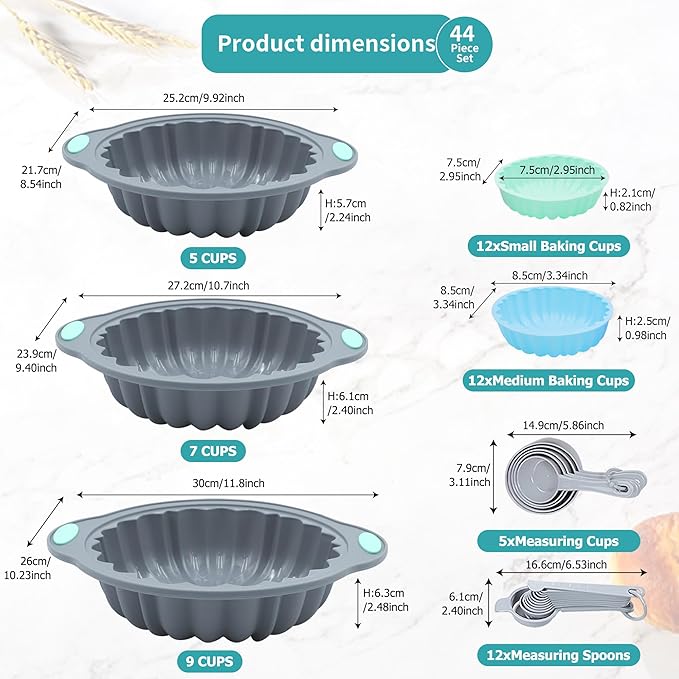 To encounter 44 Pieces Silicone Round Cake Pans Set, 3 Sizes Silicone Fluted Cake Pan Set with Reusable Baking Cups, Food Grade Baking Molds for Brownie, Bread, Muffin, Light Grey