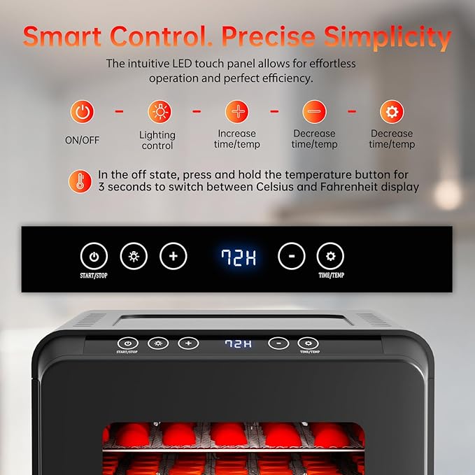 Food Dehydrator for Jerky, 5.5 ft² Large Drying Space, 6 Stainless Steel Trays Dehydrator Machine, 72H Timer, 158°F Temperature Control Fruit Dehydrator for Herbs, Meat, and Yogurt