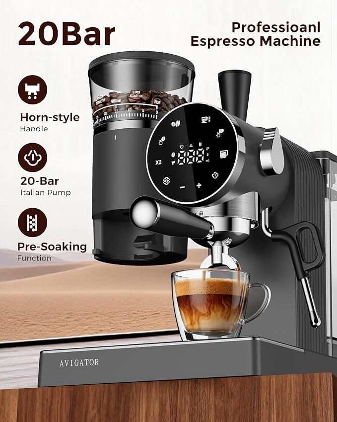 20 Bar Espresso Machine | LED Screen Touch Control | 6 Level Adjustable Grinder | Drip Coffee & Cold Brew, Milk Frother, Assisted Tamper & Built-In Accessory Storage Box | 50oz Tank