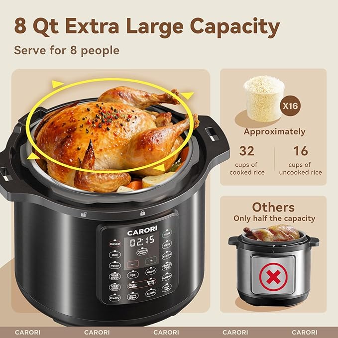 12-in-1 Electric Pressure Cooker 8 Quart, 1200W olla de presion Multi-Cooker with Stainless Steel Pot, Slow Rice Cooker, Saute, Steamer, Yogurt & Food Warmer, Delay Timer, Black