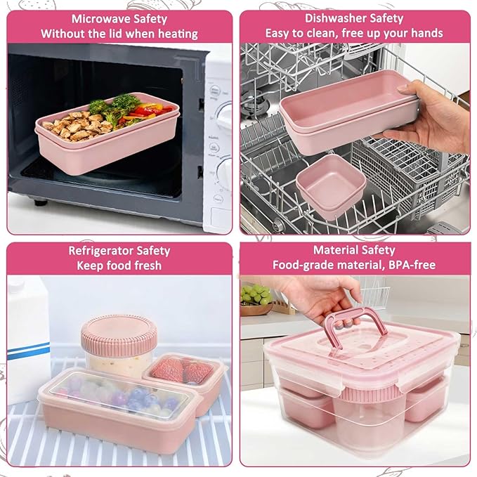 moleath Bento Box with 6 Removable Compartments Lunch Box, Microwave & Dishwasher Safe, Leakproof BPA-Free Snack Containers Ideal for Office, Picnic, Camping, Party, Travel, Pink