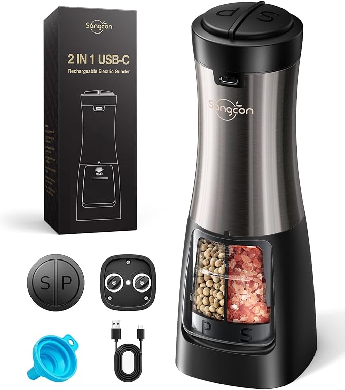 USB Rechargeable 2 in 1 Electric Salt and Pepper Grinder Set Shaker & 5 in 1 Blender and Food Processor Combo for Kitchen