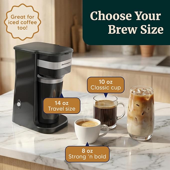Elite Gourmet EHC113 Personal Single-Serve Compact Coffee Maker Brewer Includes 14Oz. Stainless Steel Interior Thermal Travel Mug, Compatible with Coffee Grounds, Reusable Filter, Black