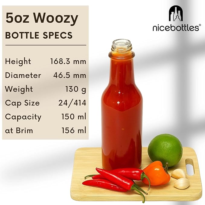 nicebottles Hot Sauce Bottles with Black Caps & Shrink Bands, 5 Oz - 24 Pack
