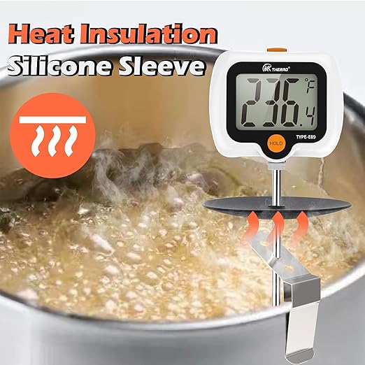 Digital Candy Thermometer with Adjustable Display, 304 Stainless Steel Probe, -58°F~572°F, White Body, Includes 2 Pot Clips & Heat-Insulating Pad for Sugar Syrup, Jam, Chocolate, Frying Oil