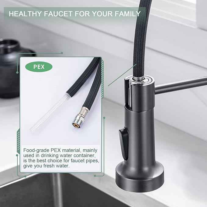 WEWE Black Stainless Kitchen Faucet, Faucet for Kitchen Sink with Pull Down Sprayer Gray Matte Gun Black Kitchen Faucet with Deck Plate Stainless Steel Farmhouse Commercial Single Handle Sink Faucet