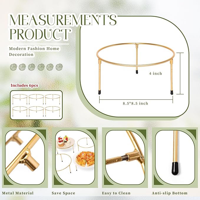 HPC DECOR Set of 6 Gold Metal Wire Pizza Pan Riser Stands-Round Pizza Tray Riser Rack Holder-Tabletop Display Racks,buffet risers for Food Platter Tray-Metal Display Stands for Home,Restaurant,Party.