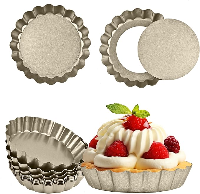 RICHSC-PAN Mini Tart Pan 12PCS, 4 Inch Tart Pan Removable Bottom Non-Stick Tin, 0.9 Inches High Suitable for DIY Making Small Tarts at Home. Champagne Gold Appearance.