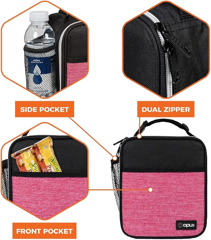 opux Premium Insulated Lunch Box, Soft School Lunch Bag for Girls Kids, Leakproof Small Lunch Pail Women Work, Reusable Compact Cooler Tote Lunchbox for Office Adult, Heather Pink