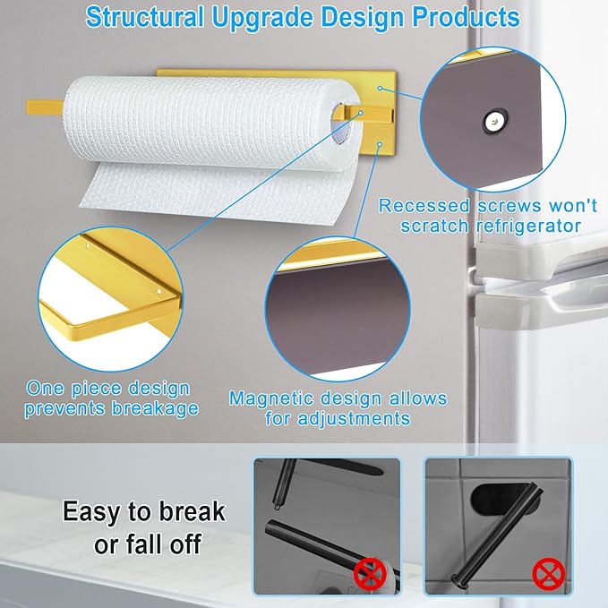 Gold Paper Towel Holder, Magnetic Paper Towel Holder for Fridge, Toilet Paper Roll Holder Magnet Towel Rack Wall Mount Fridge Organizer for Paper Towels Rolls Bathroom Pantry RV Kitchen Storage Golden