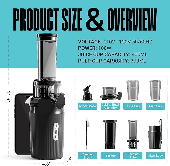 Ventray Ginnie Mini Cold Press Juicer, Small Slow Masticating Juicer for Vegetables and Fruits, High Juice Yield, Easy to Clean, Space-Saving, Fit for Personal/Travel/Picnic/Office (Black)