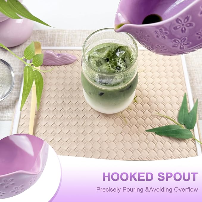 Matcha Set–7-Piece Set Including Matcha Bowl with Spout, Whisk, Chasen Holder, Sifter, Bamboo Scoop with Stand, wood spoon(Cherry Blossom Purple)–Perfect for Matcha Lovers&Tea Ceremonies