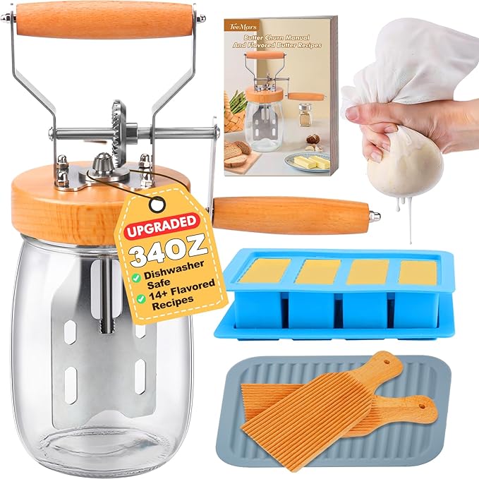 TeeMars Butter Churner - Upgraded Hand Crank Mason Jar Churn Kit, 34oz Manual Maker with 14 Recipe, Paddle, Mold with Lid, Cheese Cloth & Anti-slip Mat, Homemade Butter in 15Min