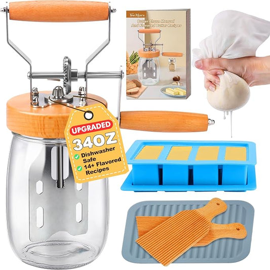TeeMars Butter Churner - Upgraded Hand Crank Mason Jar Churn Kit, 34oz Manual Maker with 14 Recipe, Paddle, Mold with Lid, Cheese Cloth & Anti-slip Mat, Homemade Butter in 15Min