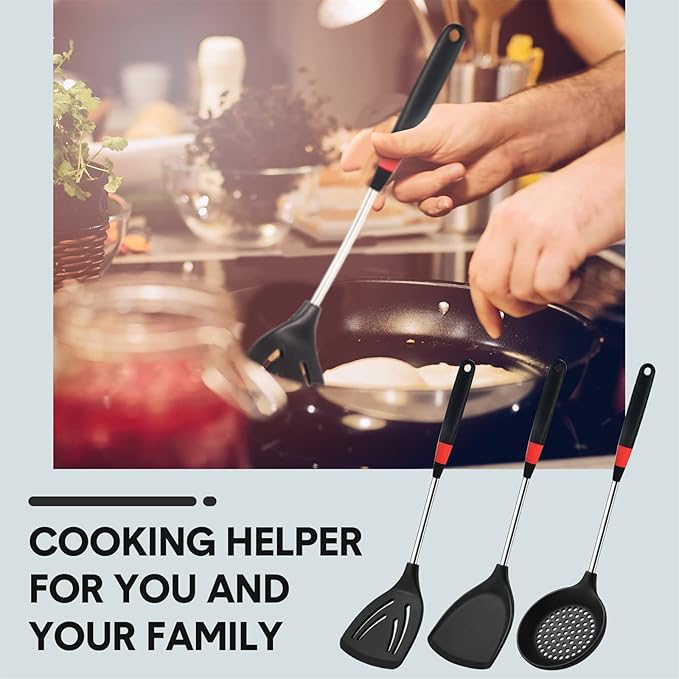 3 Pieces Silicone Stainless Steel Turner Spatula Set Includes Flexible Silicone Wok Spatula Slotted Spatula Skimmer Slotted Spoon for Nonstick Cookware Cooking Baking Supplies