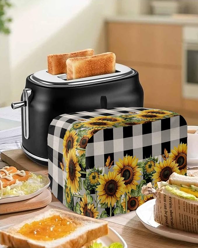 Sunflower Checkered Toaster Cover 2 Slice, Black Buffalo Plaid Dustproof Bakeware Oven Protector with Top Hook, Pastoral Flowers Waterproof Small Kitchen Appliance Toasters Dust Cover, 12"x7.5"x8"